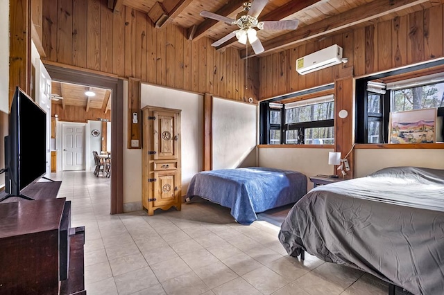 tiled bedroom with wooden walls, wood ceiling, and a wall unit AC