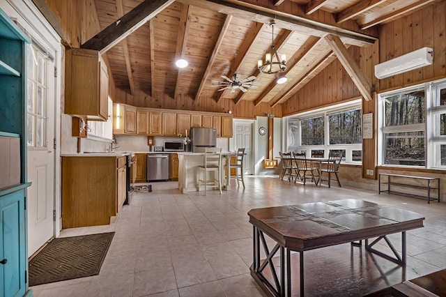 tiled living room with wood ceiling, a wall mounted air conditioner, high vaulted ceiling, wooden walls, and beam ceiling