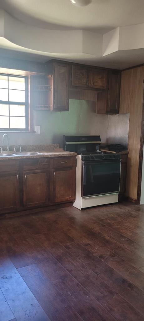 kitchen featuring dark wood-style floors, dark brown cabinets, and gas stove