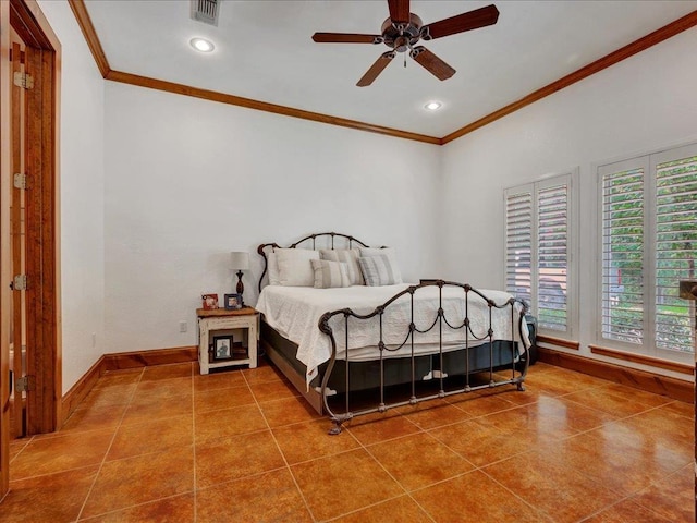 2102 Brentwood Dr, Lufkin, TX 75901 - tiled bedroom with crown molding, recessed lighting, and ceiling fan