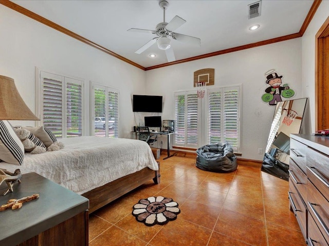 2102 Brentwood Dr, Lufkin, TX 75901 - tiled bedroom with ornamental molding, recessed lighting, and a ceiling fan