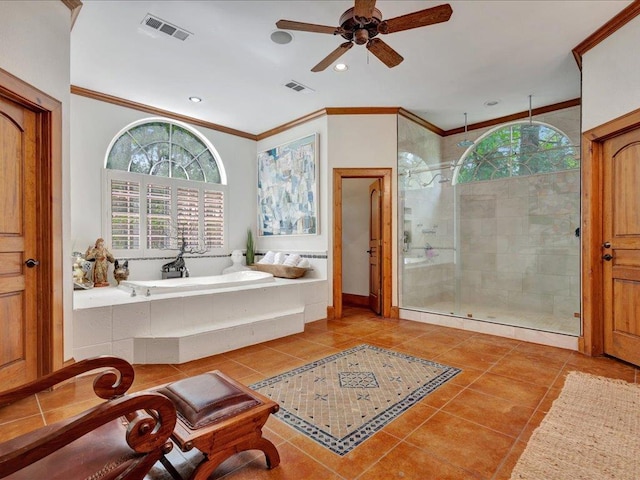 2102 Brentwood Dr, Lufkin, TX 75901 - bathroom featuring plenty of natural light, a shower stall, ornamental molding, a bath, and ceiling fan