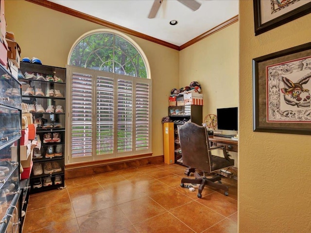 2102 Brentwood Dr, Lufkin, TX 75901 - tiled home office with crown molding, ceiling fan, and a textured wall