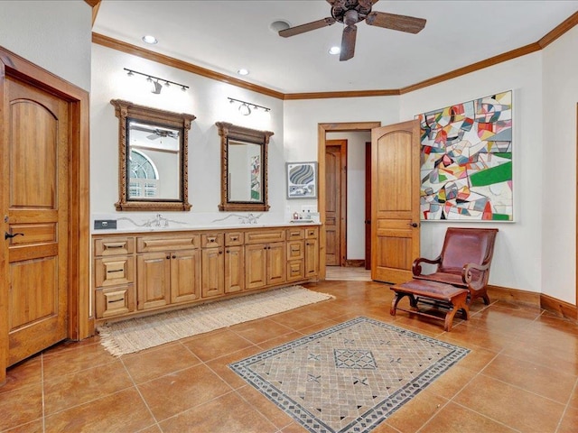 2102 Brentwood Dr, Lufkin, TX 75901 - full bath with tile patterned flooring, crown molding, a ceiling fan, double vanity, and recessed lighting