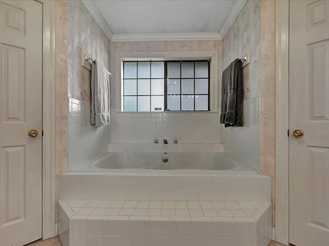full bathroom featuring tiled bath and crown molding