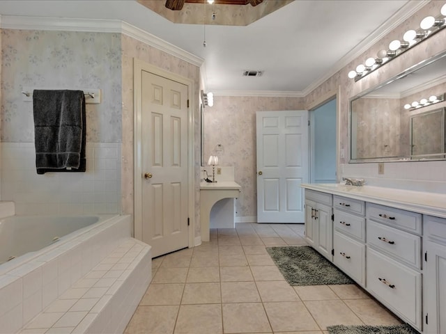 full bathroom featuring tile patterned floors, a bath, vanity, ceiling fan, and visible vents