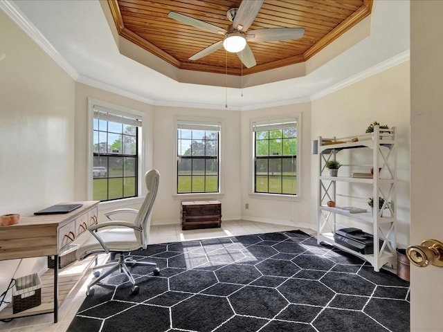 tiled home office featuring plenty of natural light, wooden ceiling, a ceiling fan, and a raised ceiling