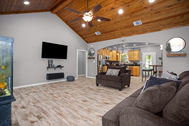 2607 Old Union Rd, Lufkin, TX 75904 - living room with arched walkways, wood ceiling with exposed beams, high vaulted ceiling, recessed lighting, and light wood-type flooring