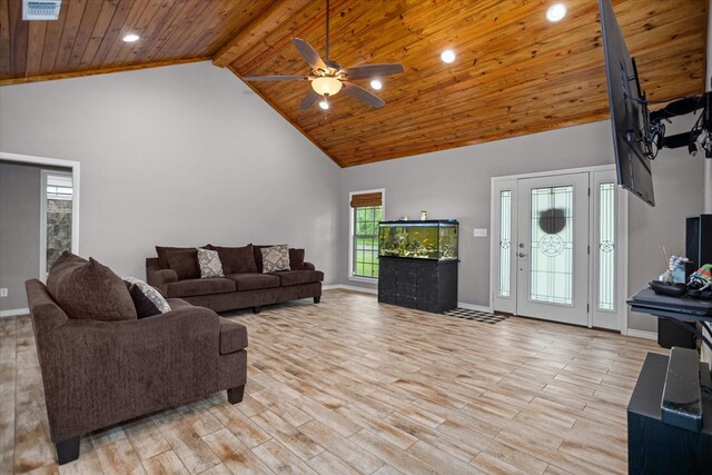 2607 Old Union Rd, Lufkin, TX 75904 - living room featuring wooden ceiling with exposed beams, high vaulted ceiling, a ceiling fan, baseboards, and light wood-style floors