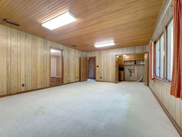 unfurnished room featuring wood walls and wooden ceiling