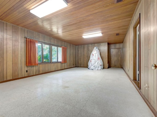 spare room with wooden ceiling and wood walls