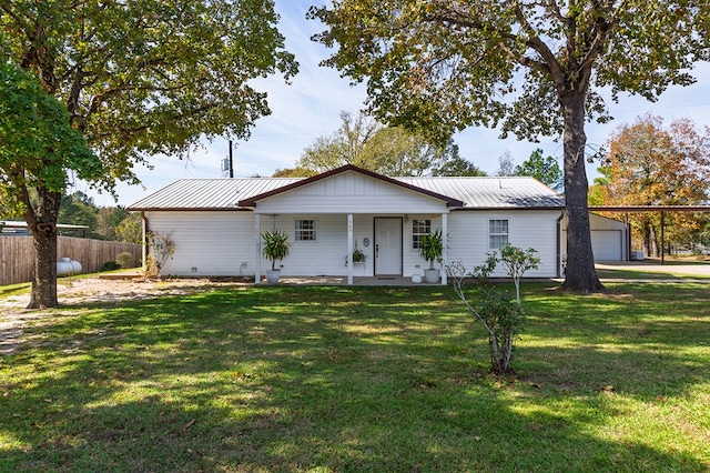 ranch-style home with a porch and a front lawn