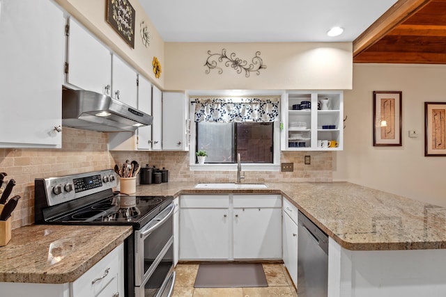 kitchen featuring under cabinet range hood, stainless steel appliances, a peninsula, a sink, and white cabinetry