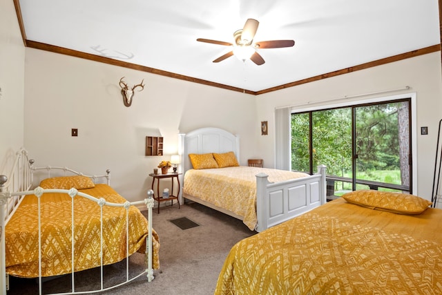 bedroom featuring carpet, visible vents, ornamental molding, a ceiling fan, and baseboards