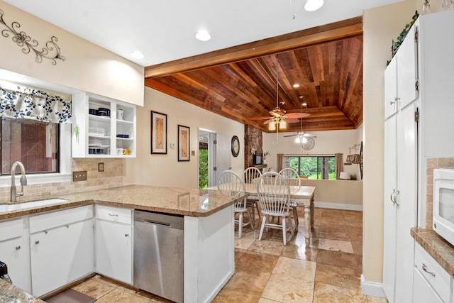 kitchen featuring backsplash, stainless steel dishwasher, wood ceiling, white cabinets, and a sink