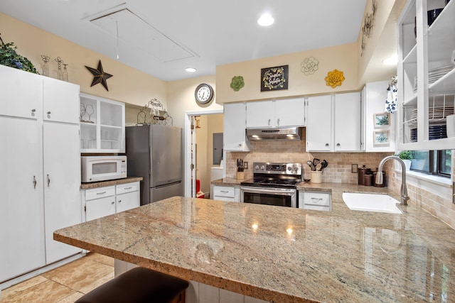 kitchen featuring tasteful backsplash, appliances with stainless steel finishes, a peninsula, under cabinet range hood, and a sink