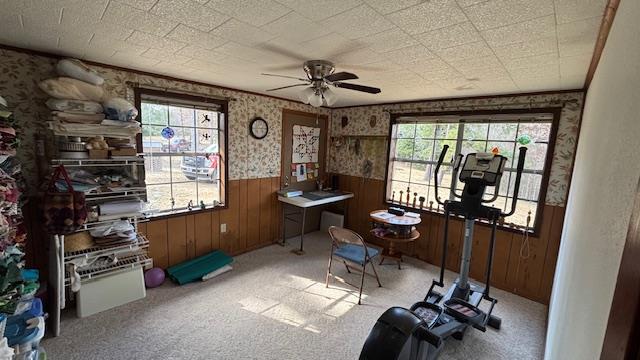 672 Oakhill Rd, Hemphill, TX 75948 - game room with carpet, wainscoting, wallpapered walls, and a ceiling fan