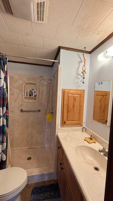 672 Oakhill Rd, Hemphill, TX 75948 - bathroom with visible vents, toilet, curtained shower, and vanity
