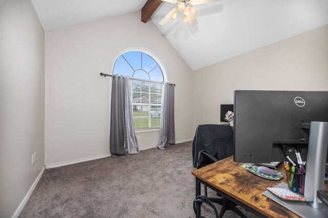 1105 Redbud Ave, Diboll, TX 75941 - home office with vaulted ceiling with beams, a ceiling fan, carpet, and baseboards