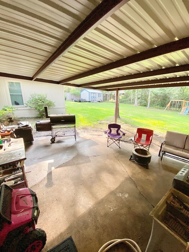 view of patio featuring a storage shed