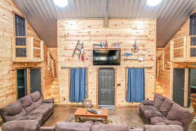 living room with wood ceiling, lofted ceiling, and wood walls