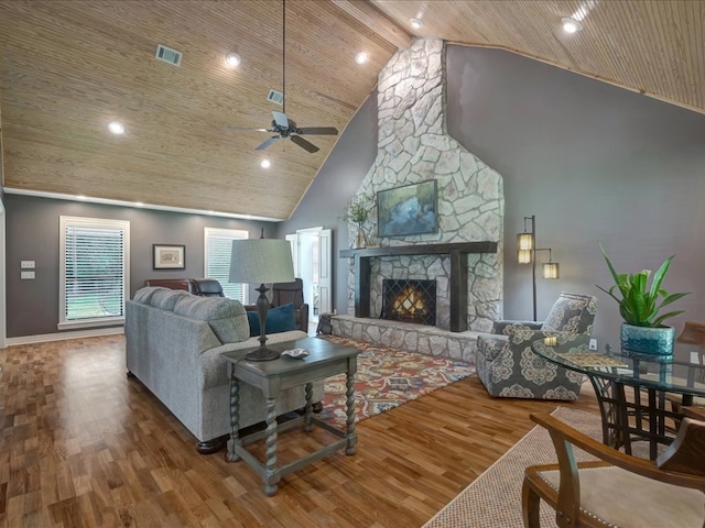 3274 Cc Rd, Diboll, TX 75941 - living room with wooden ceiling, wood finished floors, high vaulted ceiling, ceiling fan, and baseboards