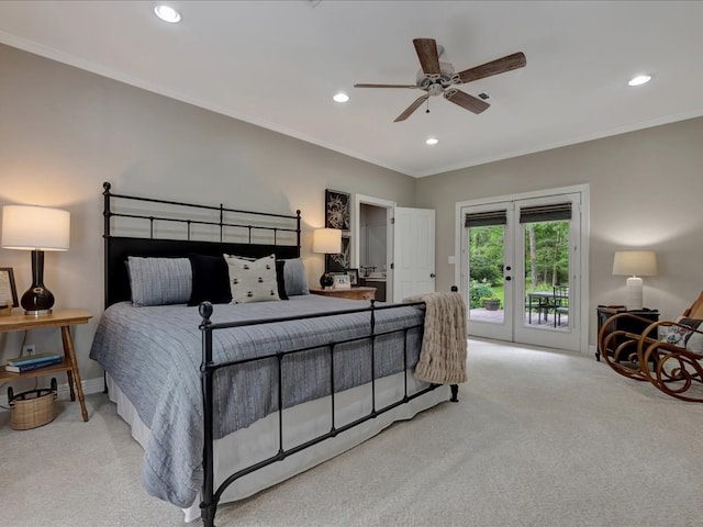 3274 Cc Rd, Diboll, TX 75941 - carpeted bedroom with access to exterior, recessed lighting, ornamental molding, ceiling fan, and french doors