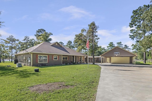 ranch-style home featuring central AC unit and a front lawn