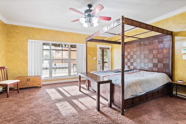 carpeted bedroom featuring a textured ceiling, ceiling fan, and crown molding