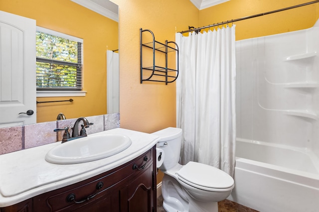 full bathroom featuring shower / tub combo, vanity, toilet, and ornamental molding