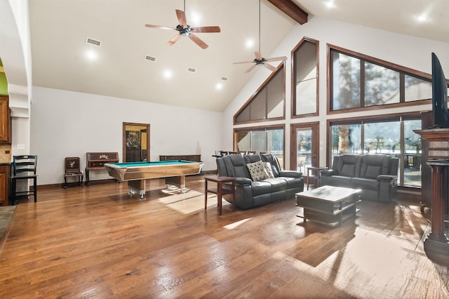 game room featuring beam ceiling, ceiling fan, high vaulted ceiling, hardwood / wood-style flooring, and pool table