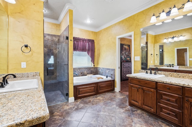 bathroom featuring vanity, crown molding, and plus walk in shower