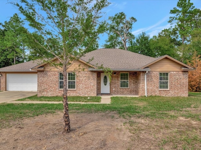 ranch-style home featuring a garage and a front lawn