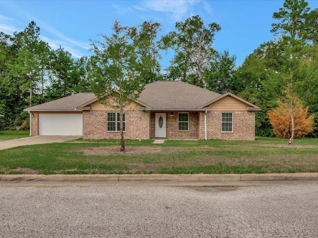 ranch-style home featuring a garage and a front lawn