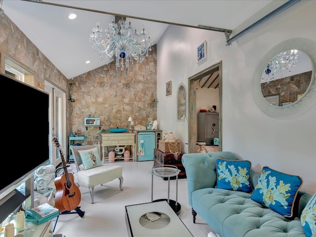 living area with recessed lighting and vaulted ceiling