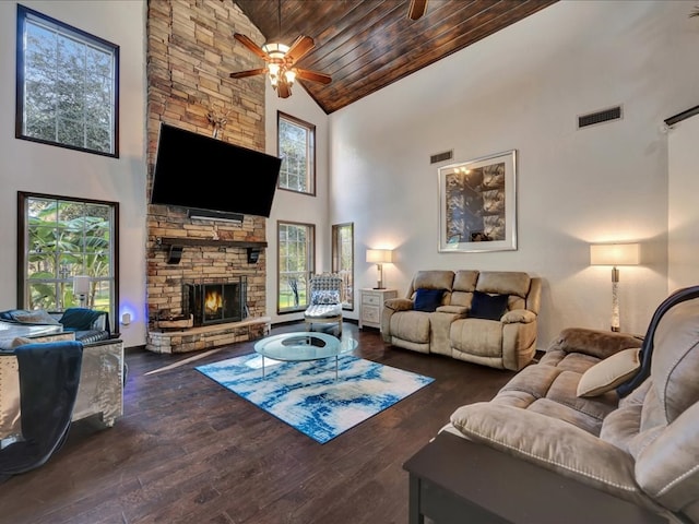 living room with dark hardwood / wood-style flooring, wood ceiling, ceiling fan, high vaulted ceiling, and a fireplace