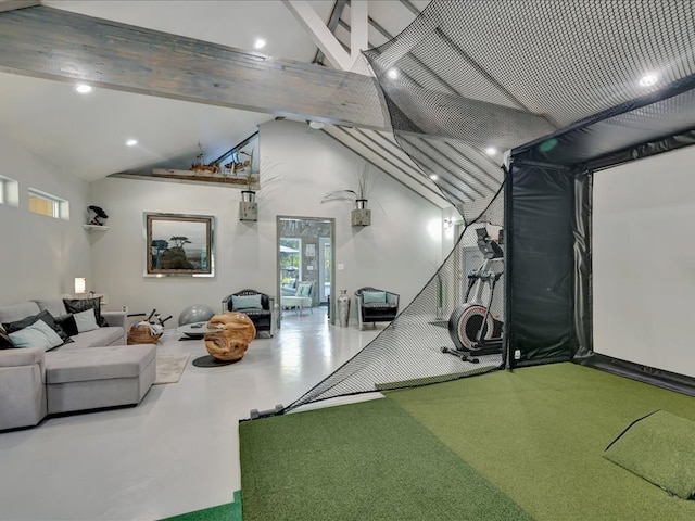 playroom with recessed lighting, beamed ceiling, golf simulator, and high vaulted ceiling