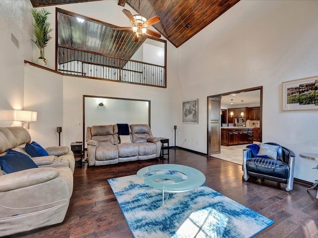 living room featuring ceiling fan, wooden ceiling, dark wood-type flooring, and high vaulted ceiling