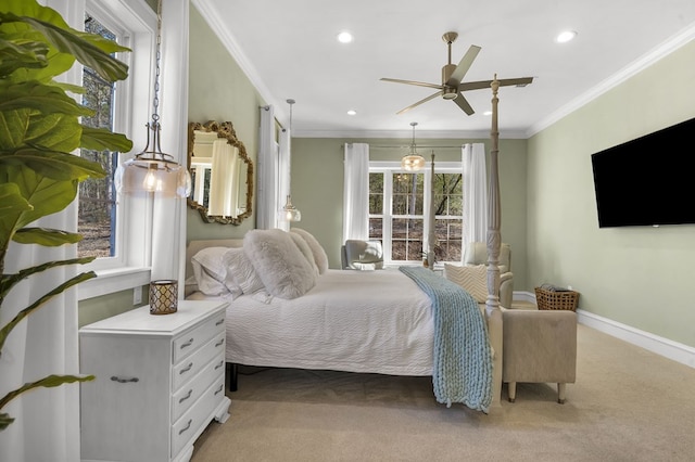 bedroom featuring crown molding, recessed lighting, light colored carpet, and baseboards