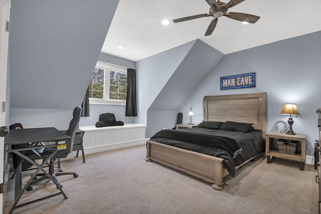 carpeted bedroom featuring recessed lighting, ceiling fan, and vaulted ceiling