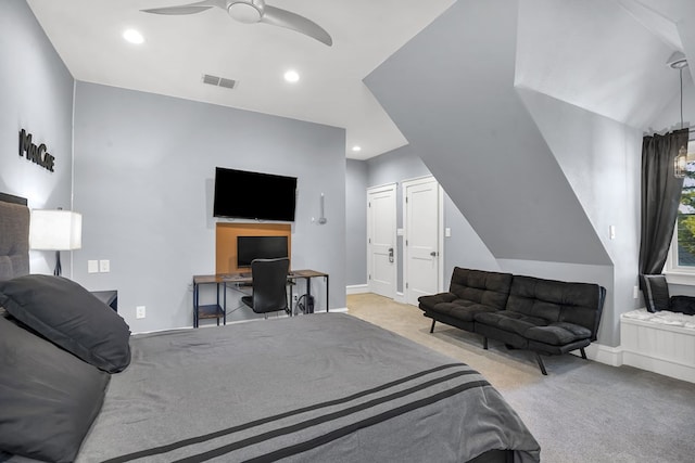 bedroom featuring recessed lighting, visible vents, carpet floors, and baseboards