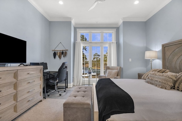 bedroom featuring recessed lighting, crown molding, and baseboards