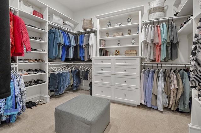 walk in closet with light colored carpet