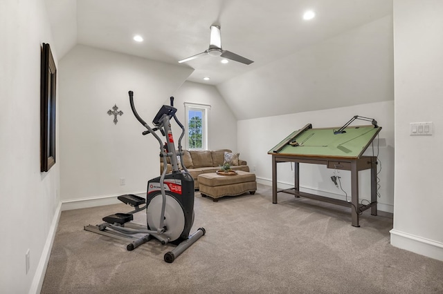 workout room featuring baseboards, carpet floors, recessed lighting, ceiling fan, and vaulted ceiling