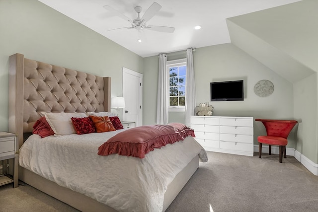 bedroom featuring baseboards, lofted ceiling, carpet floors, recessed lighting, and a ceiling fan