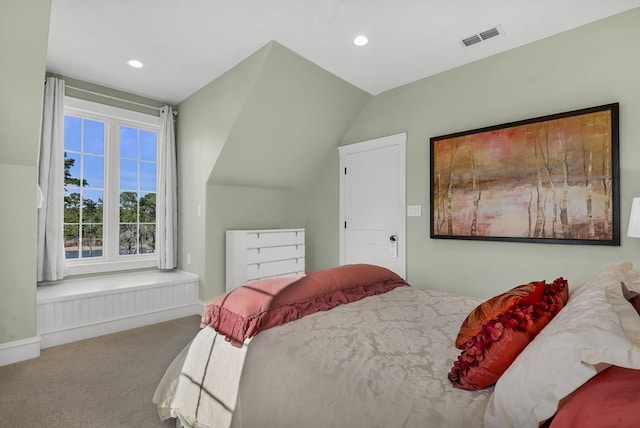 carpeted bedroom with recessed lighting, visible vents, and baseboards