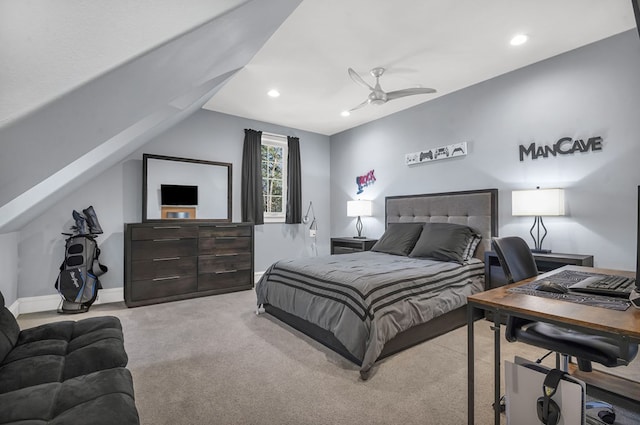 bedroom with recessed lighting, light colored carpet, baseboards, and vaulted ceiling