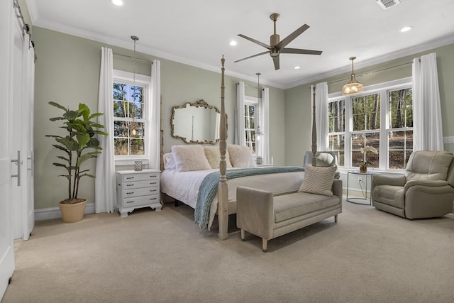 bedroom with recessed lighting, light carpet, and ornamental molding