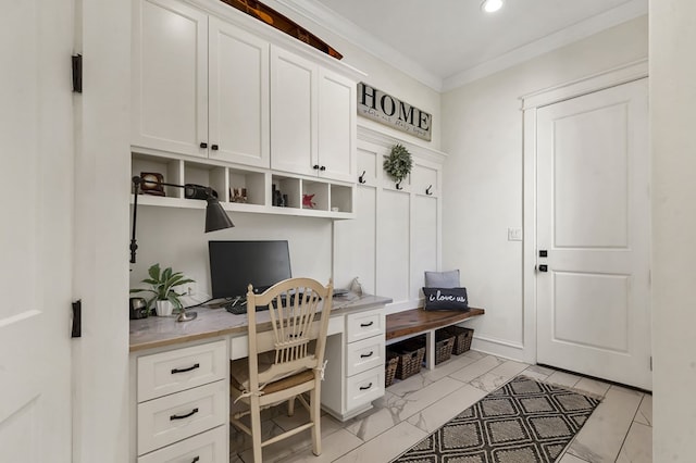 home office featuring marble finish floor, built in desk, recessed lighting, crown molding, and baseboards