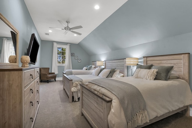 bedroom with visible vents, ceiling fan, light colored carpet, lofted ceiling, and recessed lighting